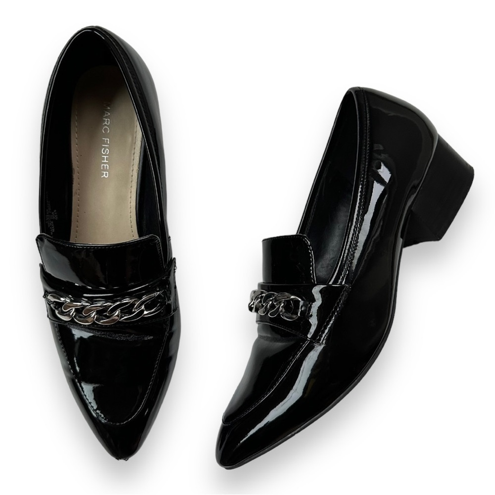 Marc Fisher Flecker Black Patent Chain Link Pointed Toe Loafers | 8.5 - Picture 11 of 16